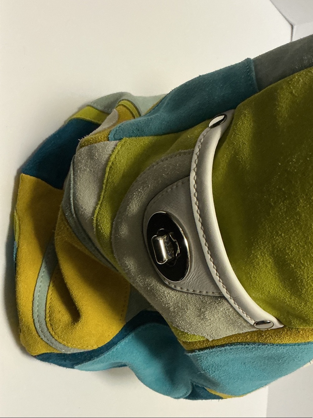 Coach Multicolor Suede Patchwork Tote — Teal, Aqua, Lime, Mustard & White - Picture 3 of 10